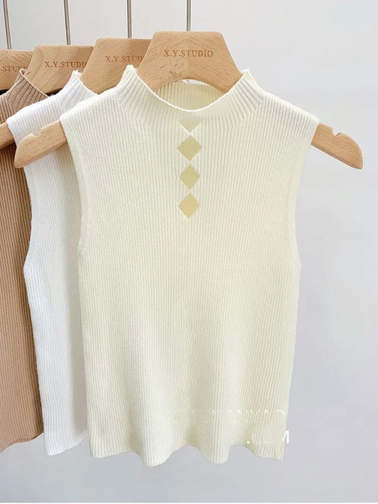 Mesh Knitted Chic Cut Out Tank Top Half Neck Sleeveless Vest