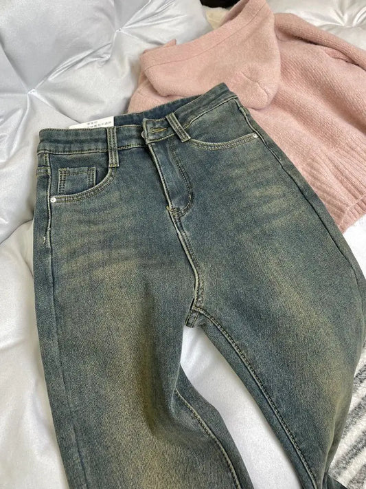 Cozy Fleece Line High Waist Autumn Warm Comfortable Denim Jeans