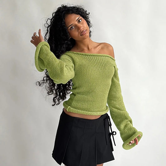 Elegant Off Shoulder Solid Color Knitted Sweater
