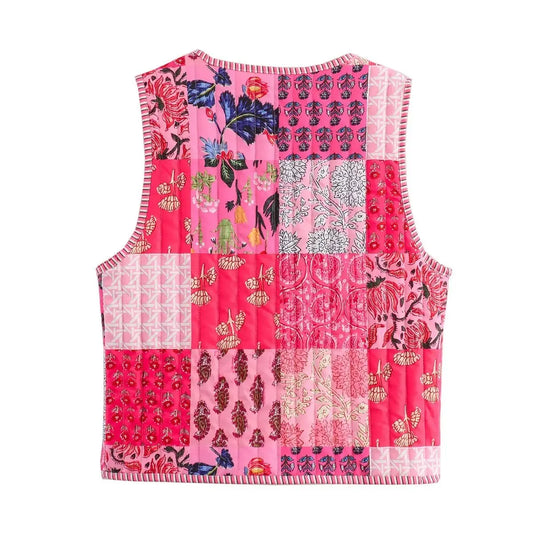 Quilted Lace Up Print Vest