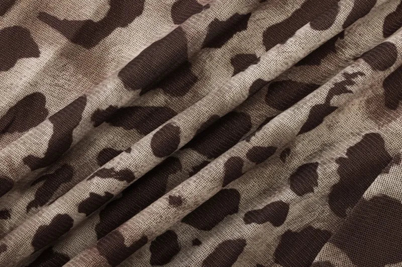 Leopard Print Mesh Spaghetti Strap Deep V Neck Mini Dress