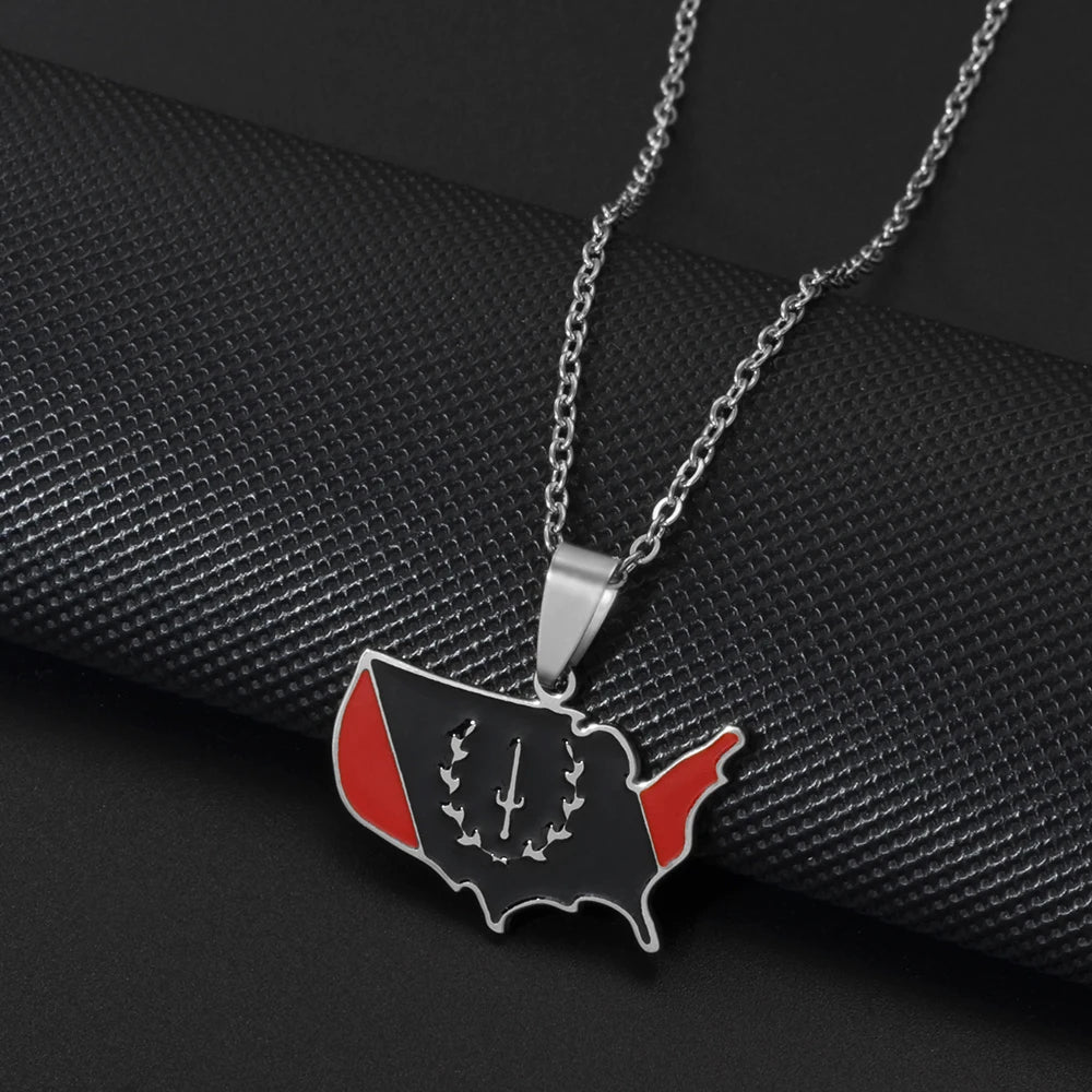 African American Flag Map Pendant Necklace Stainless Steel Jewelry