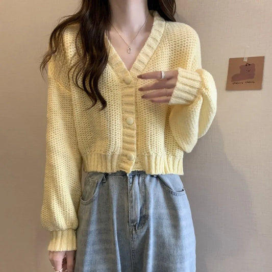Solid Cropped Knitted Comfortable Soft Single-Breasted Cardigan