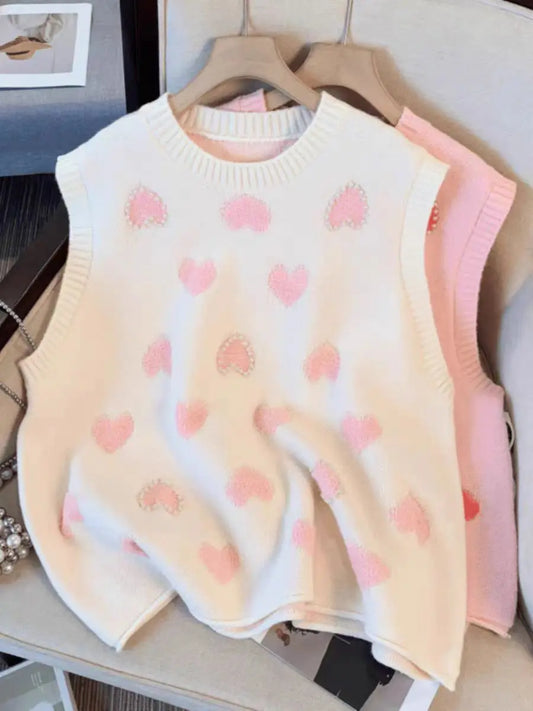 Pink Heart Knitted Oversized Sweater Vest