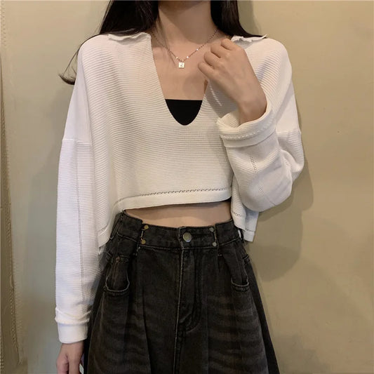 Elegant Casual V Neck Knit Long Sleeve Cropped Sweater