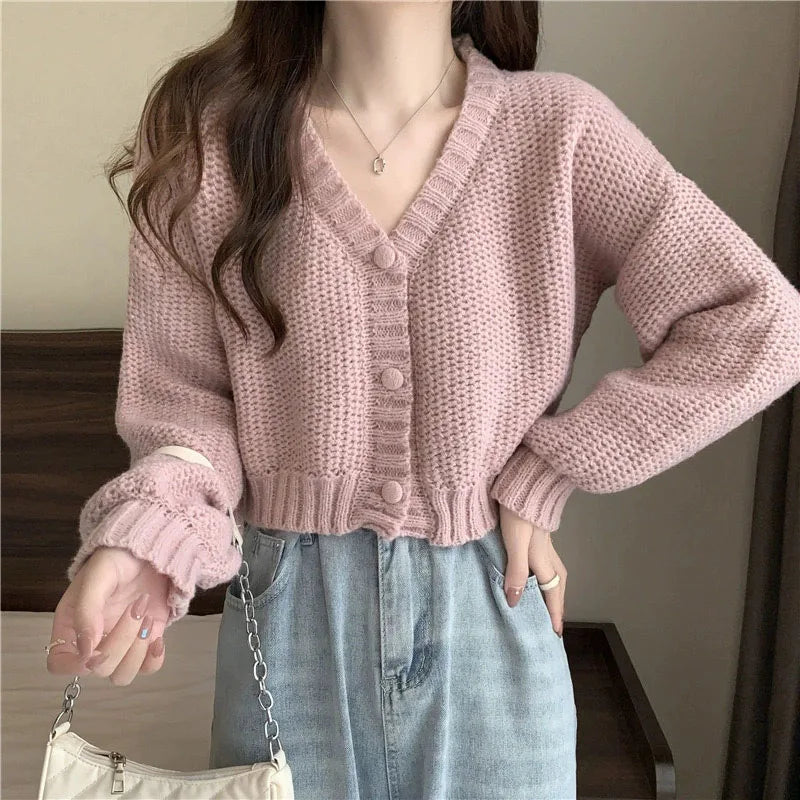 Solid Cropped Knitted Comfortable Soft Single-Breasted Cardigan