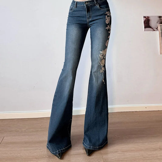 Embroidery Low Waist Flare Leg Washed Distressed Jeans