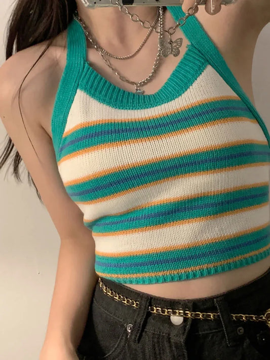 Stripes Bandage Round Neck CropTop