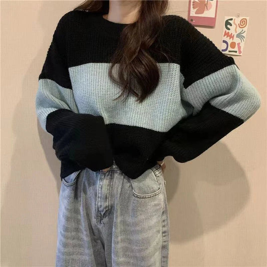 Bold Stripe Long Sleeve O Neck Oversized Pullover Sweater