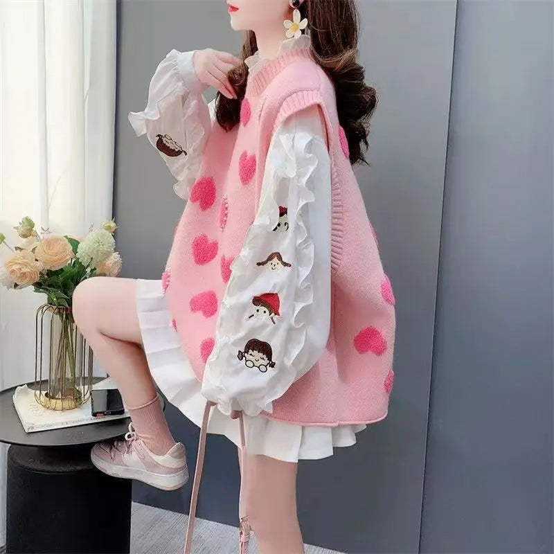 Pink Heart Knitted Oversized Sweater Vest