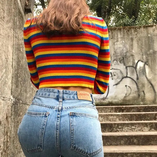 Long Sleeve Turtleneck Colorful Rainbow Stripes Short Crop Sweater