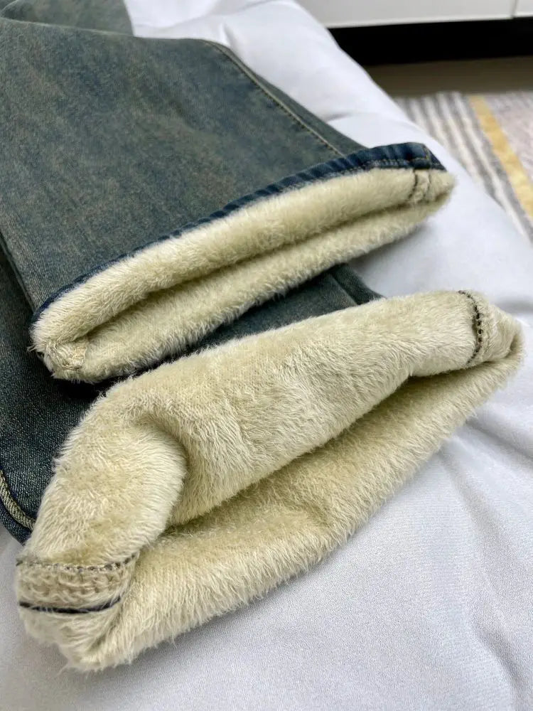 Cozy Fleece Line High Waist Autumn Warm Comfortable Denim Jeans