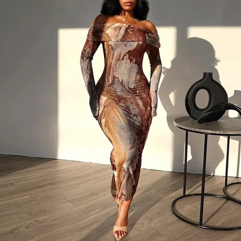 Kiana Off Shoulder Long Sleeve Printed Maxi Dress