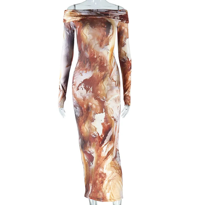 Kiana Off Shoulder Long Sleeve Printed Maxi Dress