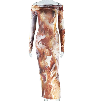 Kiana Off Shoulder Long Sleeve Printed Maxi Dress