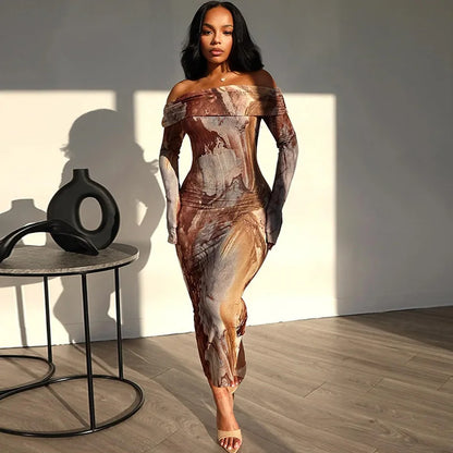 Kiana Off Shoulder Long Sleeve Printed Maxi Dress