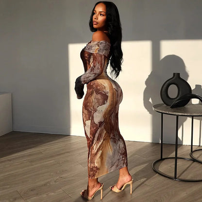 Kiana Off Shoulder Long Sleeve Printed Maxi Dress