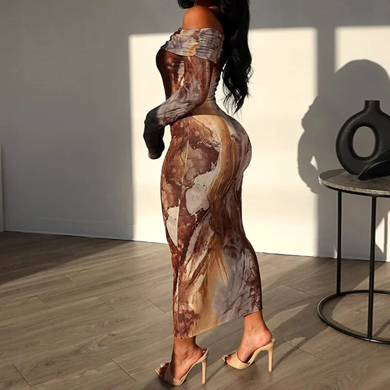 Kiana Off Shoulder Long Sleeve Printed Maxi Dress