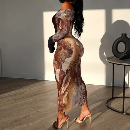 Kiana Off Shoulder Long Sleeve Printed Maxi Dress