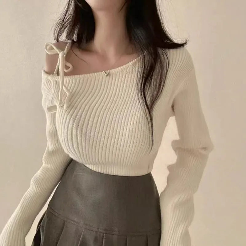 Off-Shoulder Sweater with Adjustable Lace-Up Strap