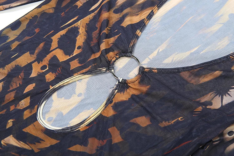 Butterfly Print Metal Ring Hollow Low-Neck Dress