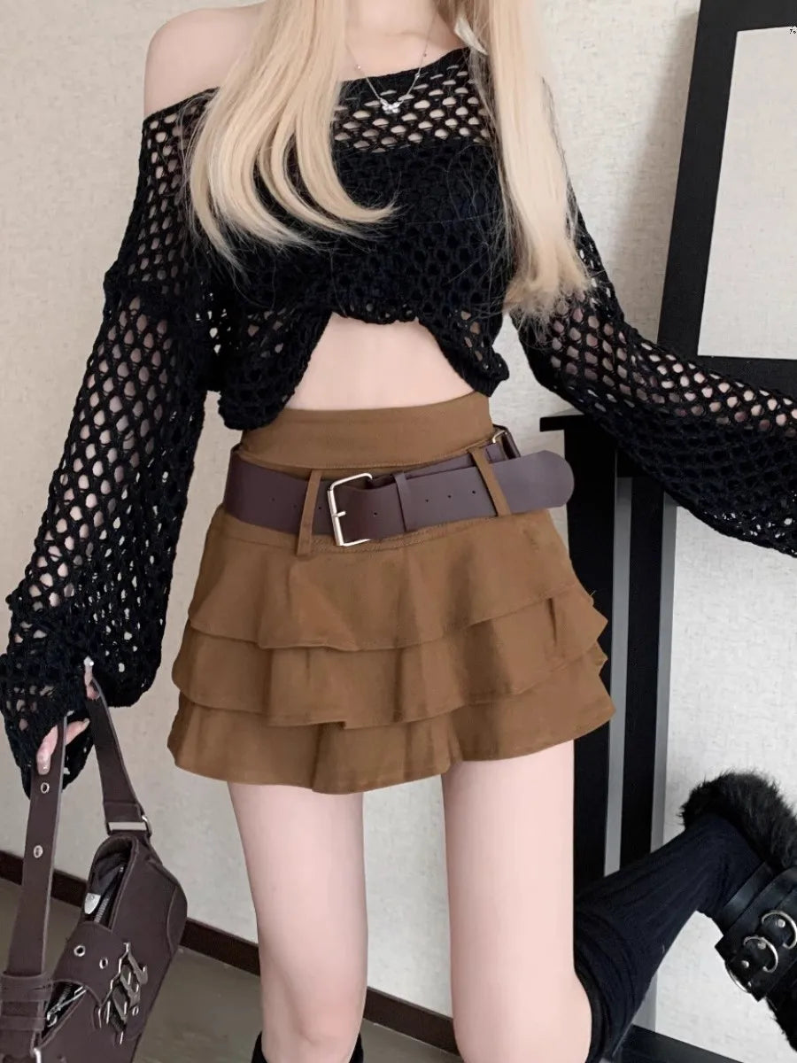 Tiered Ruffle Mini Skirt with Belt