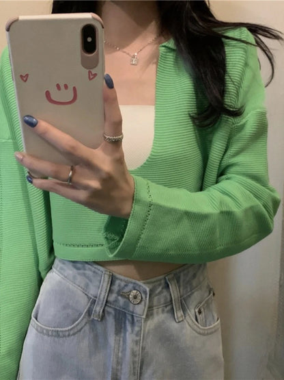 Elegant Casual V Neck Knit Long Sleeve Cropped Sweater