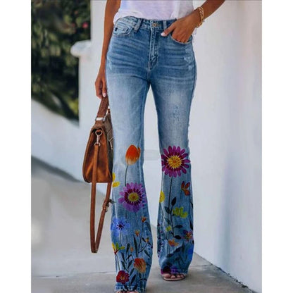 Floral Print High Waist Flared Jeans