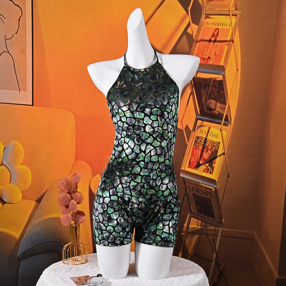 Green Contrasting Color Halter Neck Backless Jumpsuit