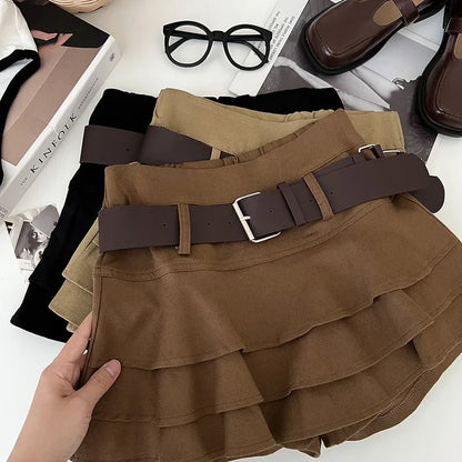 Tiered Ruffle Mini Skirt with Belt