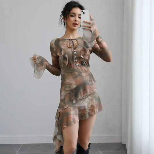 Serena Bell Sleeve Tie Dye Print Mesh Dress