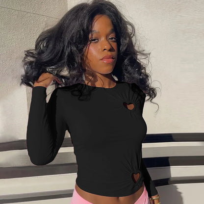 Carina Solid Color Love Hollow Out Long-Sleeve Top