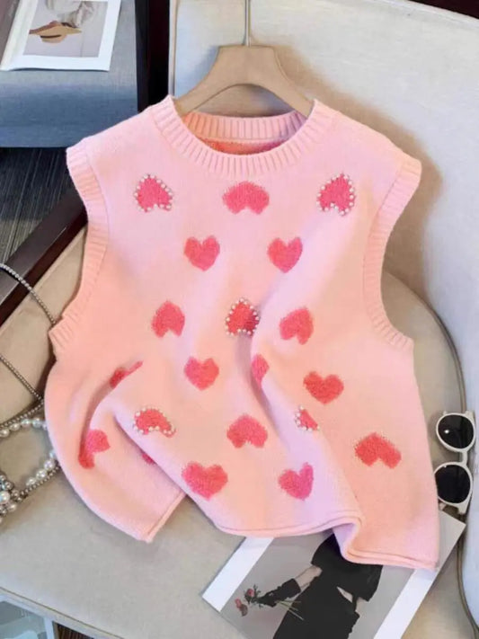 Pink Heart Knitted Oversized Sweater Vest