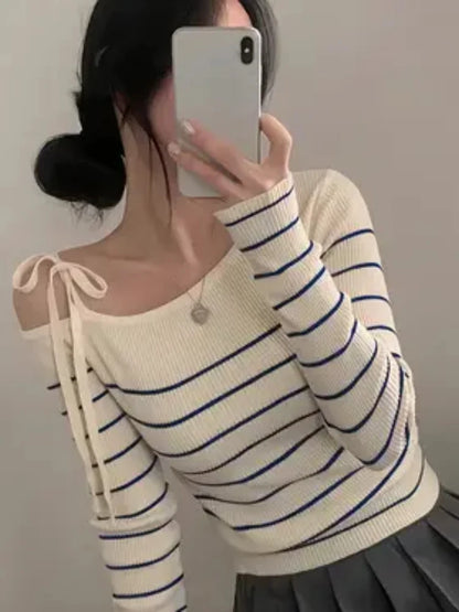 Off-Shoulder Sweater with Adjustable Lace-Up Strap