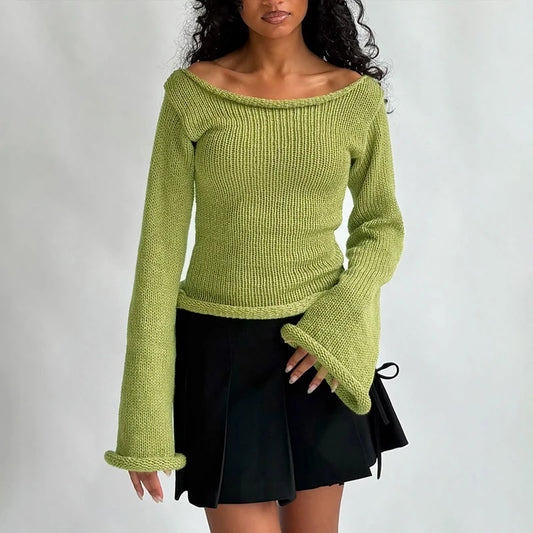Elegant Off Shoulder Solid Color Knitted Sweater