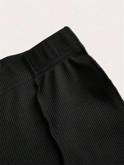 Lettuce Trim Casual Rib-knit Elastic Flared Pants