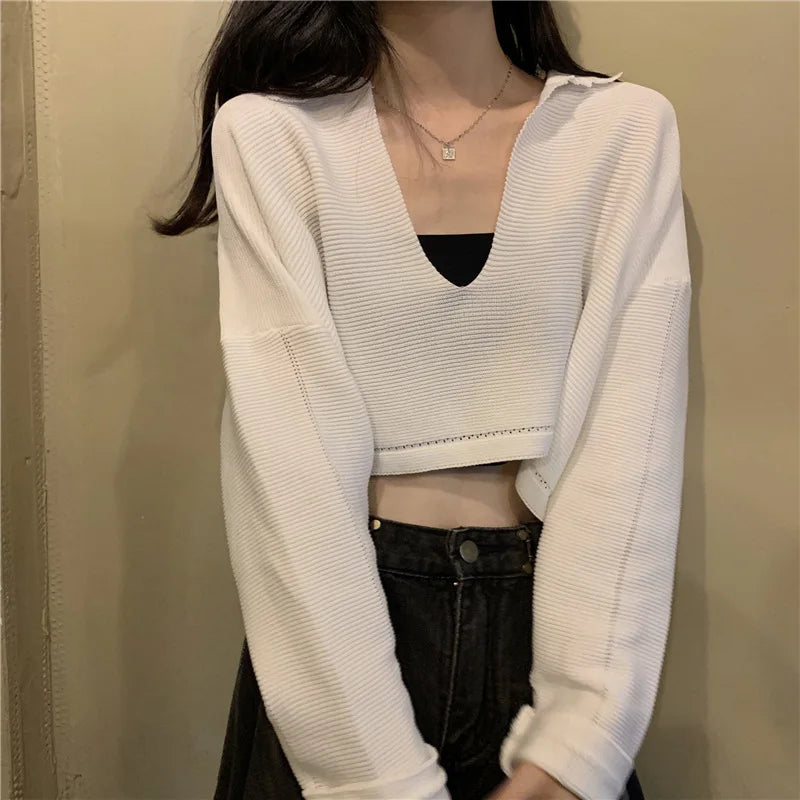 Elegant Casual V Neck Knit Long Sleeve Cropped Sweater