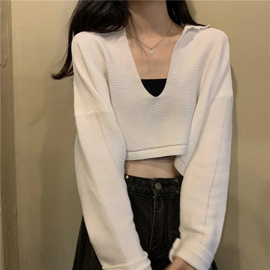 Elegant Casual V Neck Knit Long Sleeve Cropped Sweater
