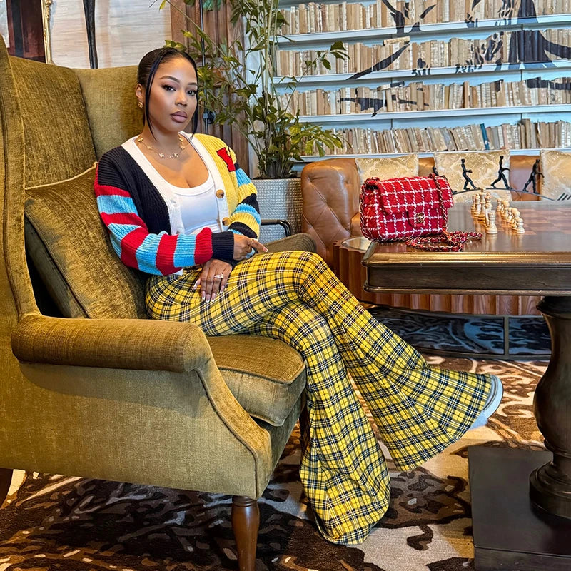 Plaid Print Casual Flared Pants