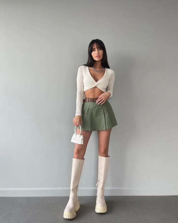 Retro Solid Color High Waist Pleated Mini Skirt W/ Belt