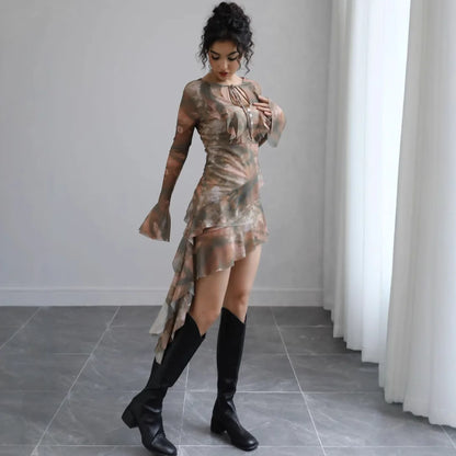 Serena Bell Sleeve Tie Dye Print Mesh Dress