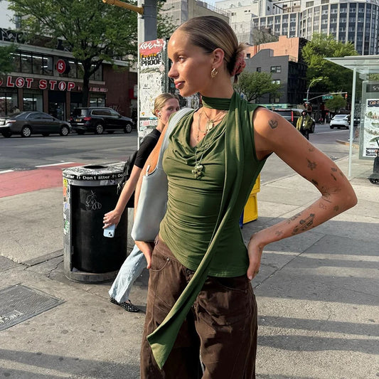 Solid Color Swing Collar Shrink Pleated Irregular Tank Top