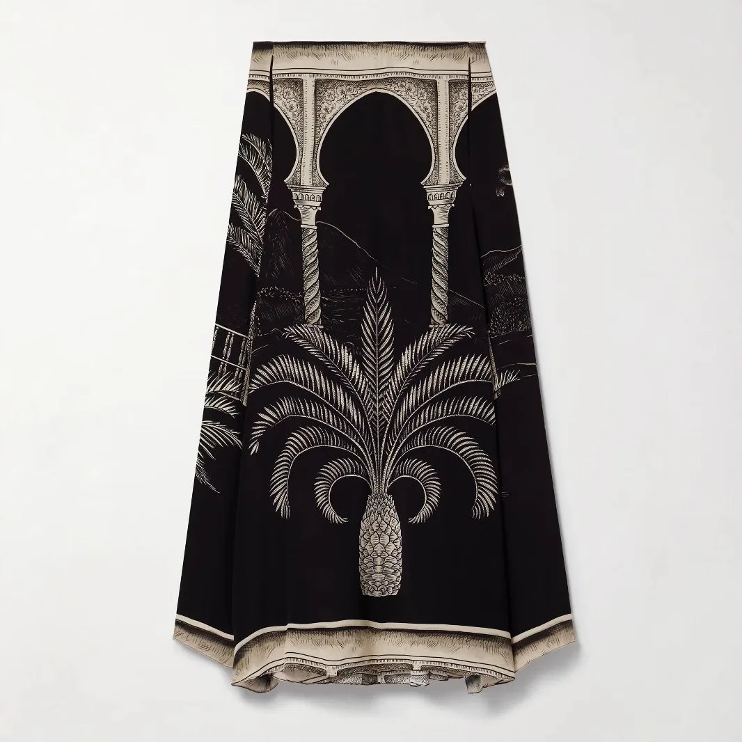 Vintage Print Satin Skirt Two Piece Set