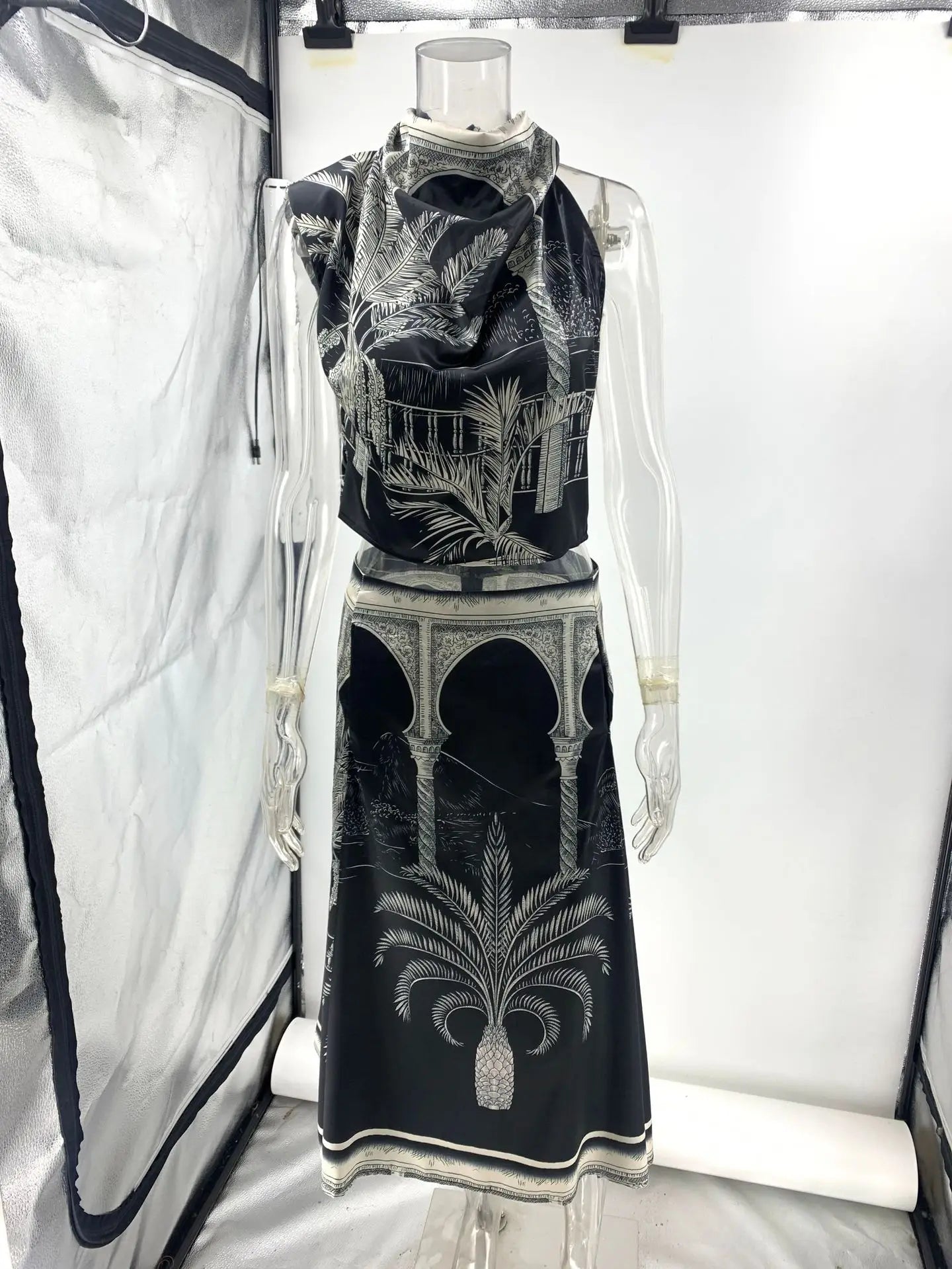 Vintage Print Satin Skirt Two Piece Set