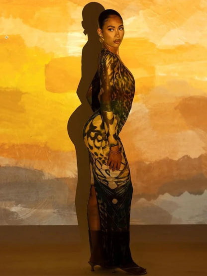 Butterfly Print Metal Ring Hollow Low-Neck Dress