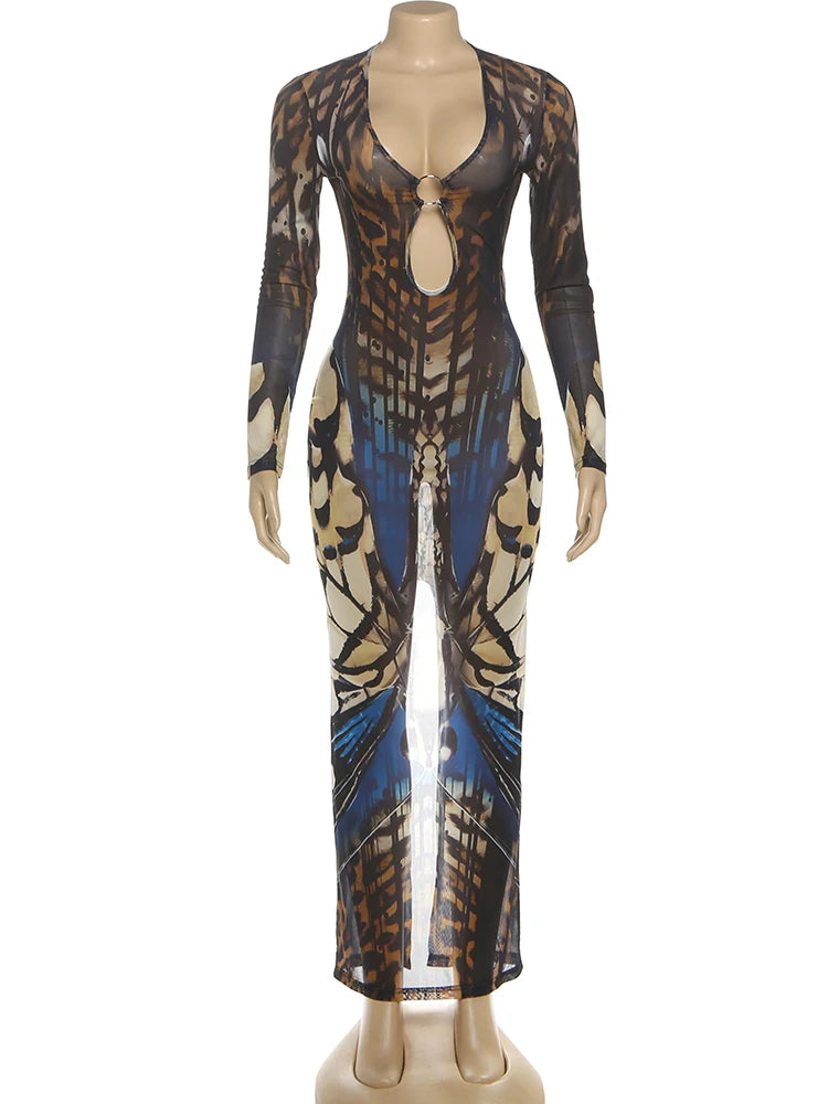 Butterfly Print Metal Ring Hollow Low-Neck Dress
