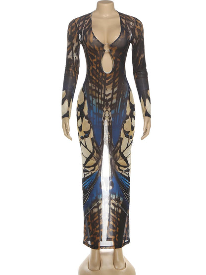 Butterfly Print Metal Ring Hollow Low-Neck Dress