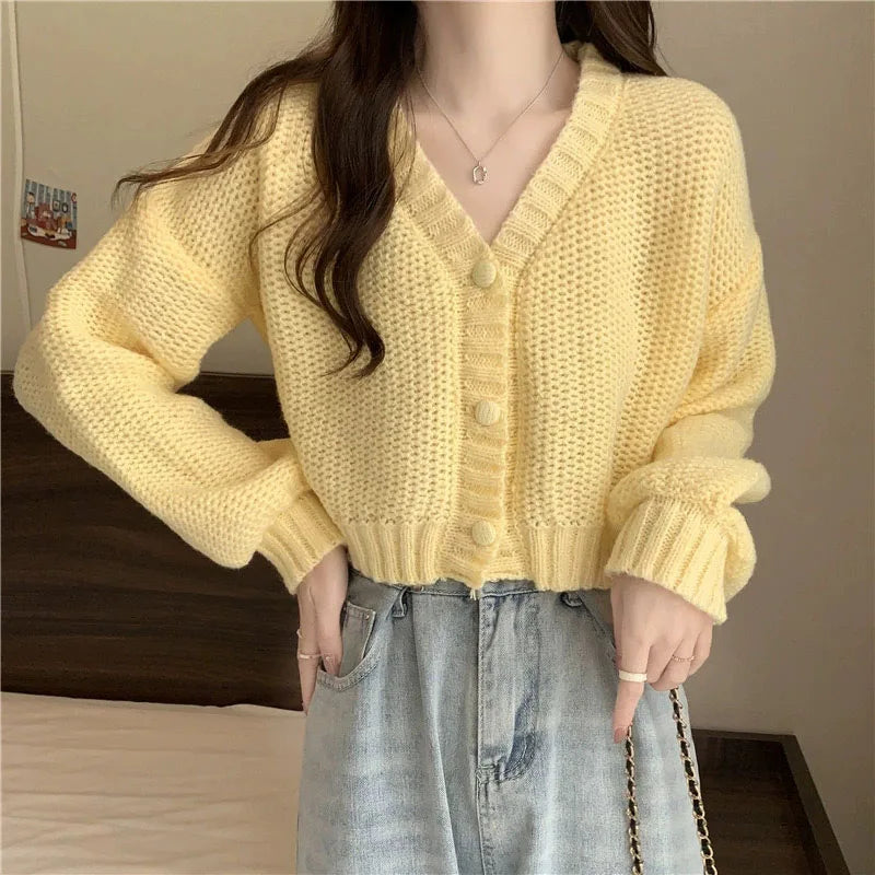 Solid Cropped Knitted Comfortable Soft Single-Breasted Cardigan