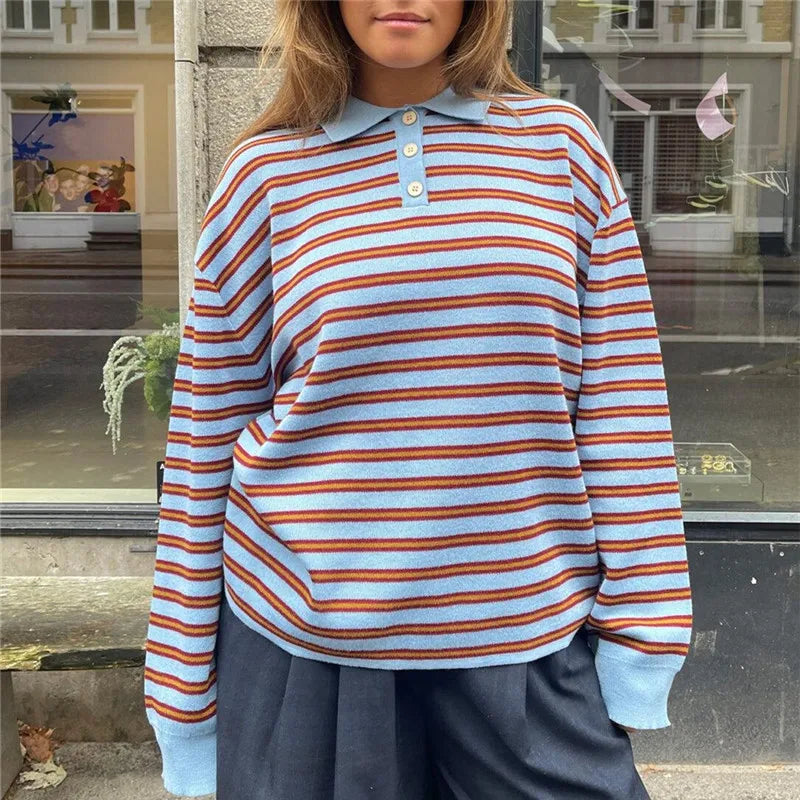 Oversized Striped Collared Long Sleeve Sweater