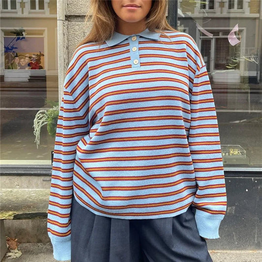 Oversized Striped Collared Long Sleeve Sweater